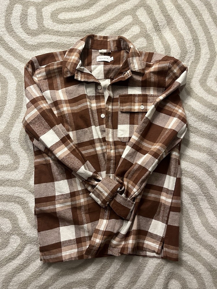 TOPMAN Flannel Shirt Mens L Brown Plaid Button Up Long Sleeve Heavy Overshirt