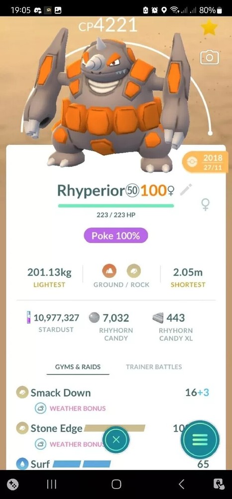 Powerful Maxed Lv50 Rhyperior with Dual Moves 2018