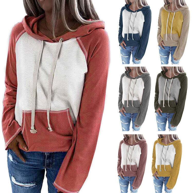 Hooded Pullover Sweater for Women in Stylish Color Matching Casual Top  