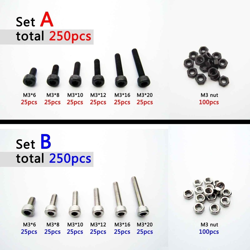 250X Assortment Kit Metric Thread M2 M3 Hexagon Head Hex Socket Cap Screw Bolt