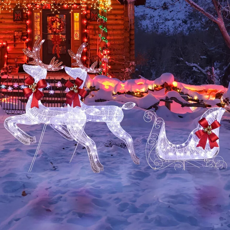 3-Piece Lighted Set of 2 Reindeer & Sleigh, Weather Proof Christmas Outdoor