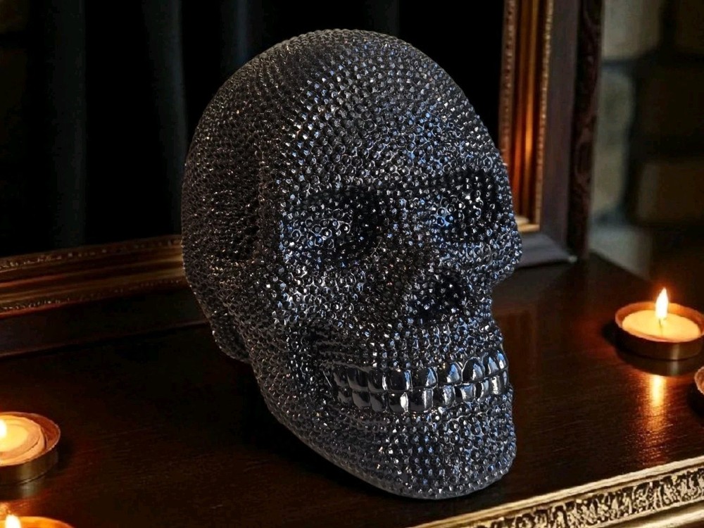 Black Rhinestone Skull Halloween Decor Figurine Sculpture