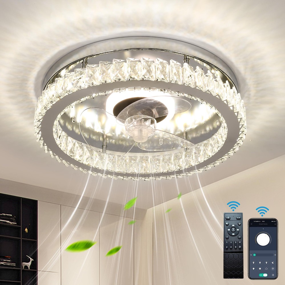 Crystal Ceiling Fan with Lights and Remote Control Flush Mount