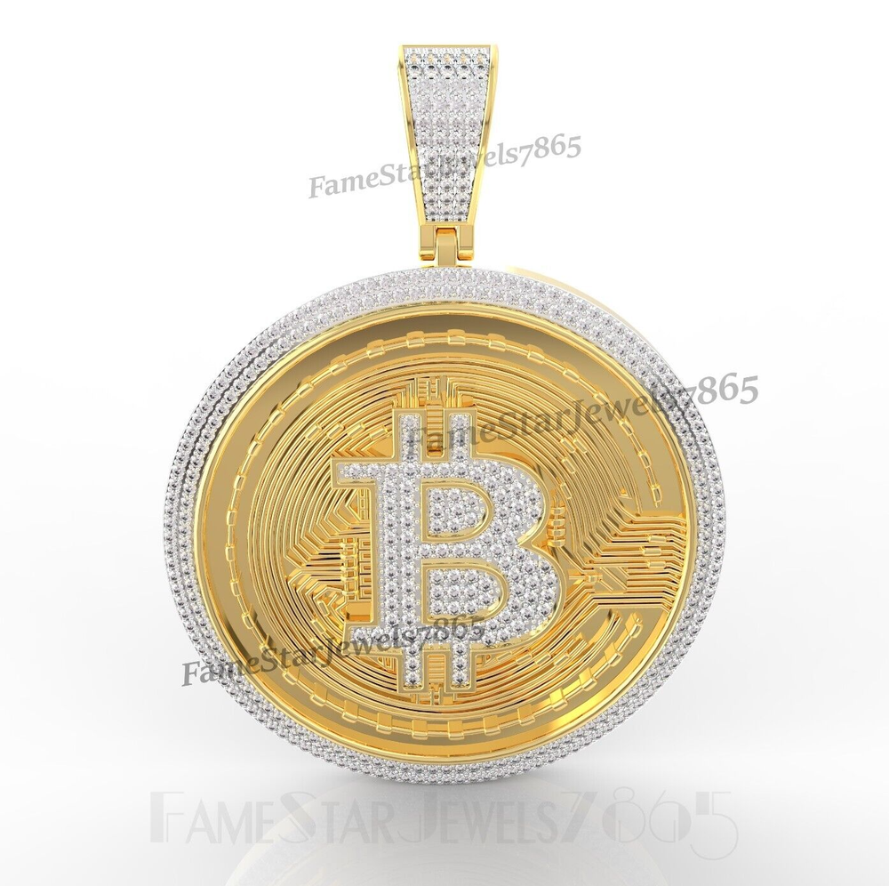 2.17Ct VVS1 Moissanite Bitcoin Cryptocurrency Pendant 14K Yellow Gold Plated 925-image