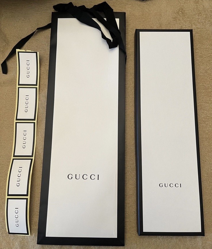 Authentic GUCCI black boarder & white shopping bag, box, sticker set Scarf Tie F