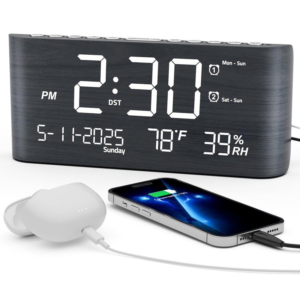 Digital Alarm Clock, with Calendar Temperature and Humidity, Loud Volume, Dua...