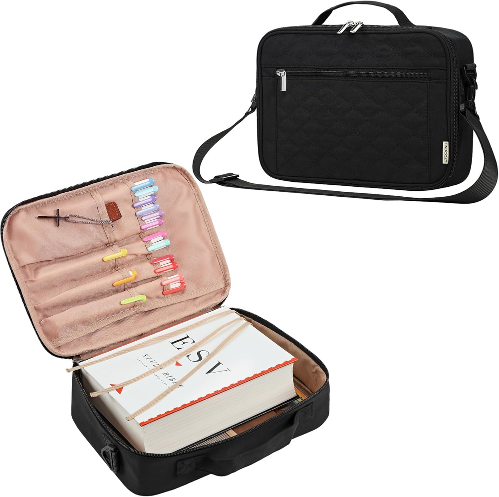 Bible Cover Case for Women, Large Church Bag with Shoulder Strap, Black