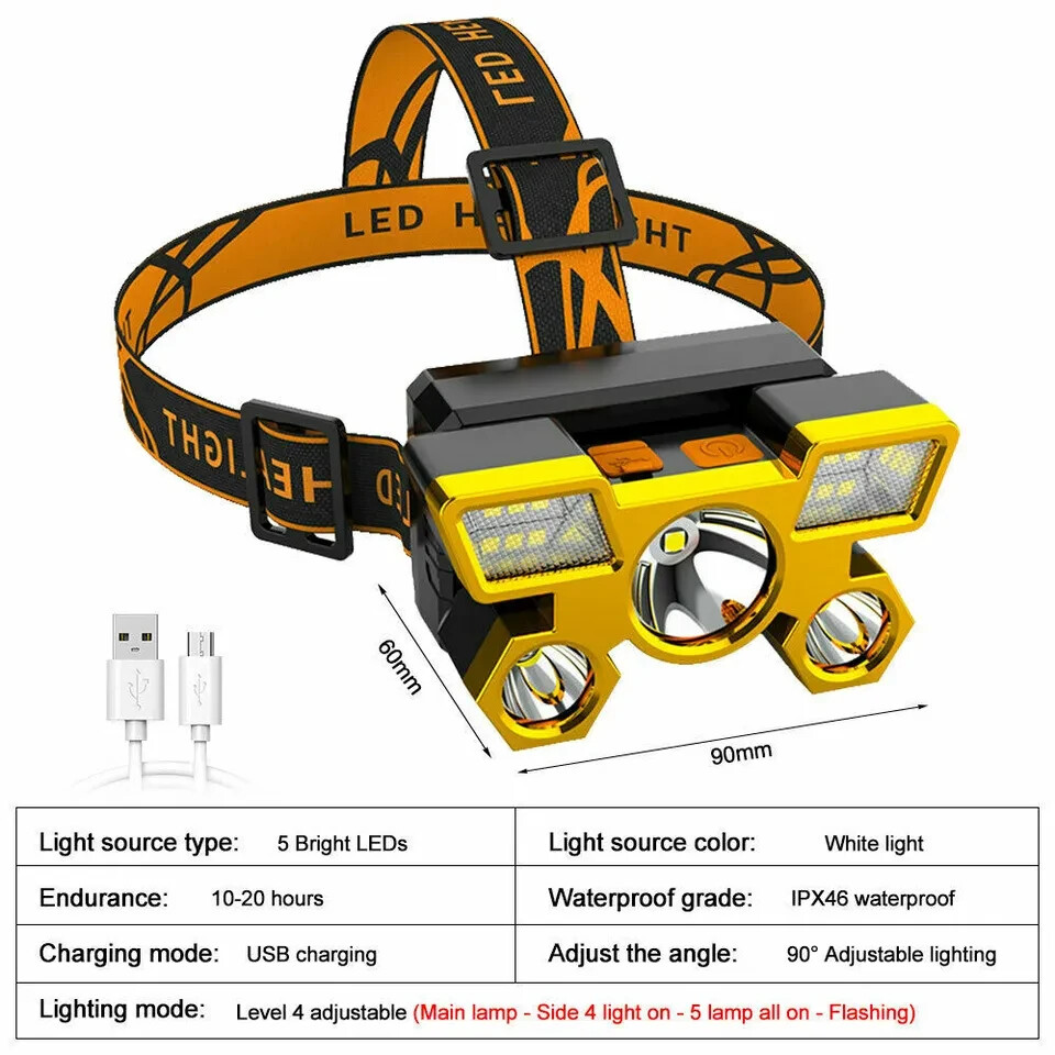 New Bright LED Rechargeable Headlight/Lamp USB Charging-Waterproof-4 Modes