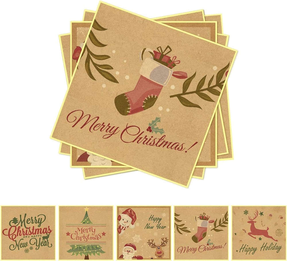 Merry Christmas Stickers Gift Tags Xmas Labels 4 x 4 Inch Natural Kraft Paper
