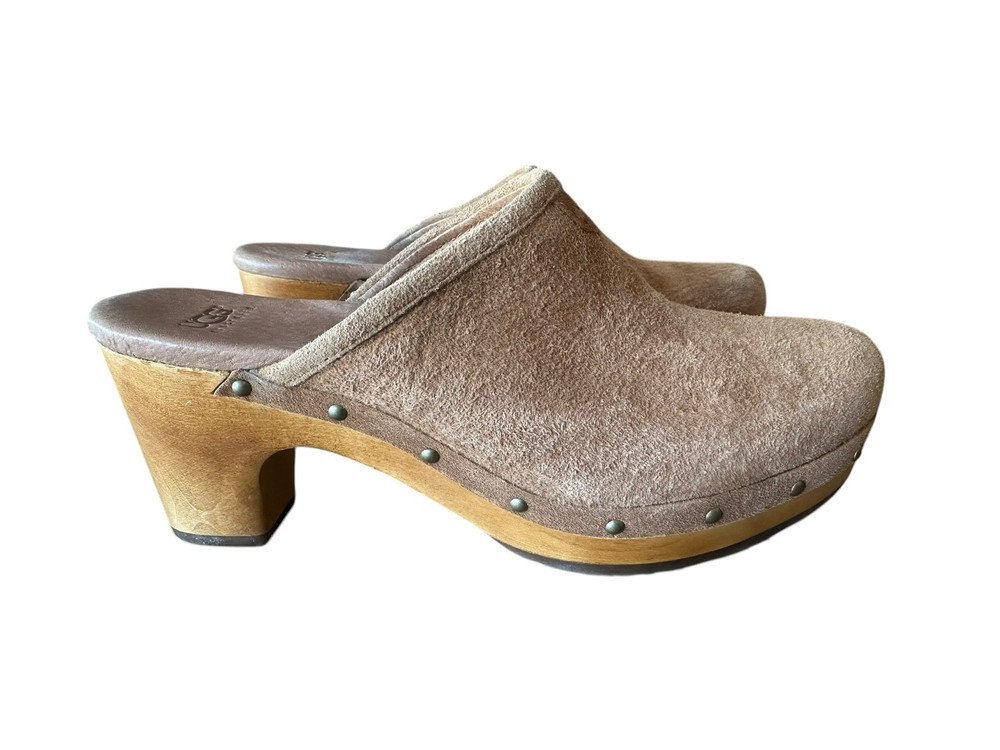 UGG Australia Womens Size 6 Abbie Mule Clogs Mocha Leather Heeled Sheepskin B7
