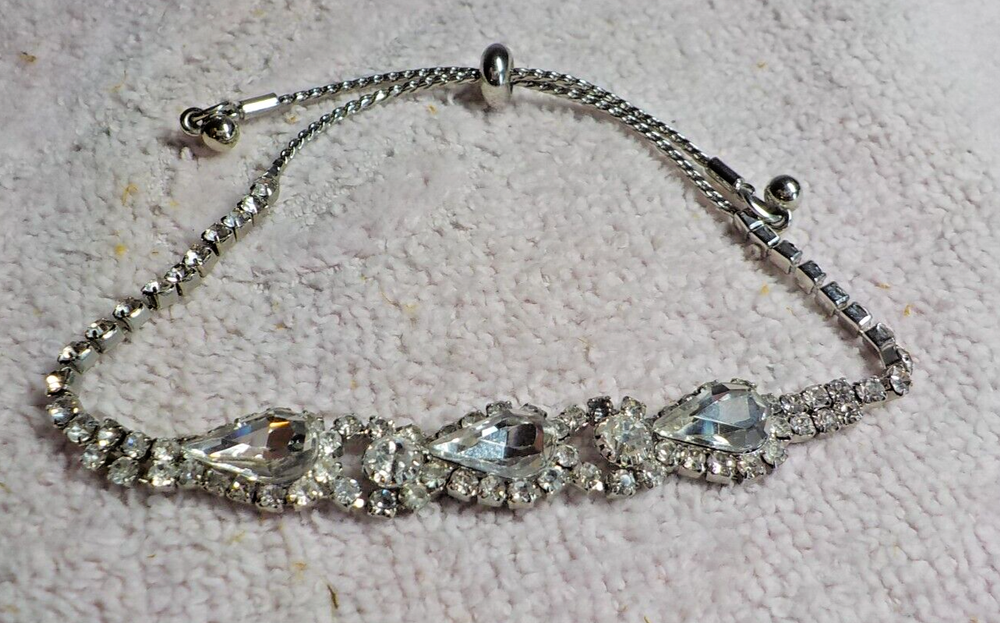 Rhinestone Studded Adjustable Slide Chain Bangle with Teardrop and Round Stones