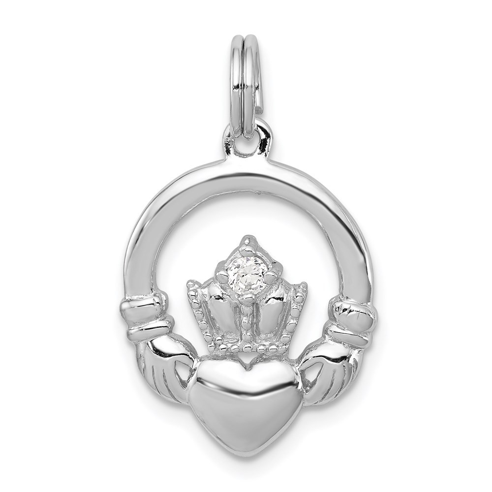 Sterling Silver Rhodium-plated Cubic Zirconia Irish Claddagh Pendant 1.84gm