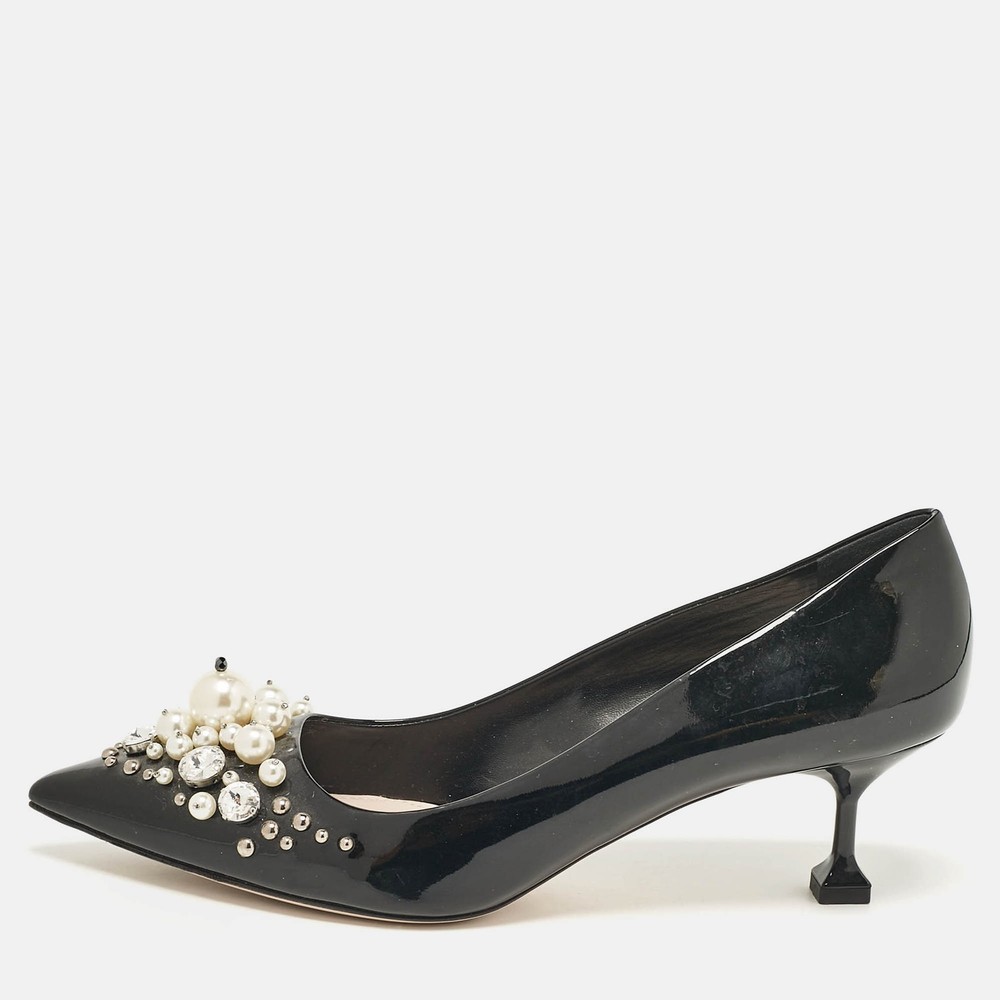 Miu Miu Black Patent Crystal Pearl Embellished Pointed Toe Pumps Size 39