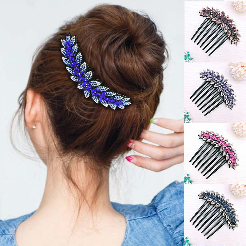 Plastic Shiny Bangs Side Combs with Ear of Wheat Crystal Design for Ponytail and Hair Styling