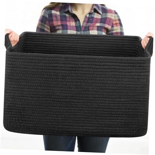 Large Blanket Basket Blanket Storage Living Room, Woven Baskets for Black