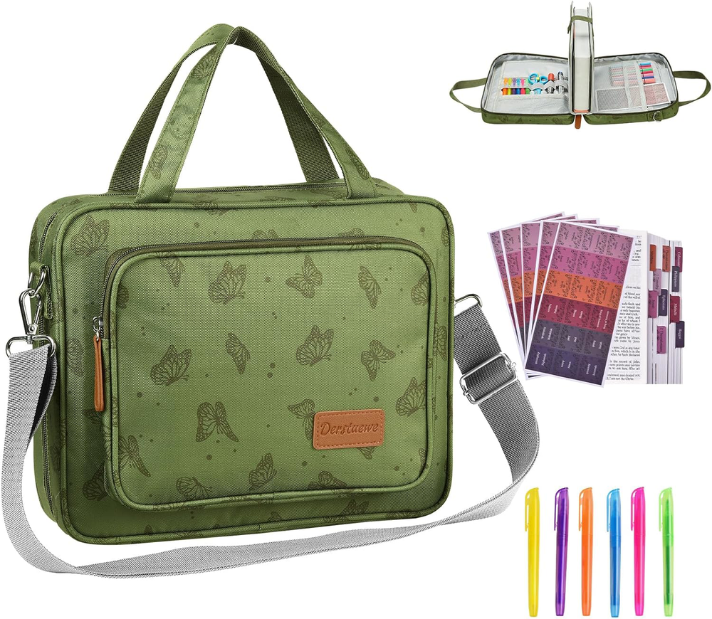 Bible Cover with Handle and Zipper Pocket - Green Butterfly Design