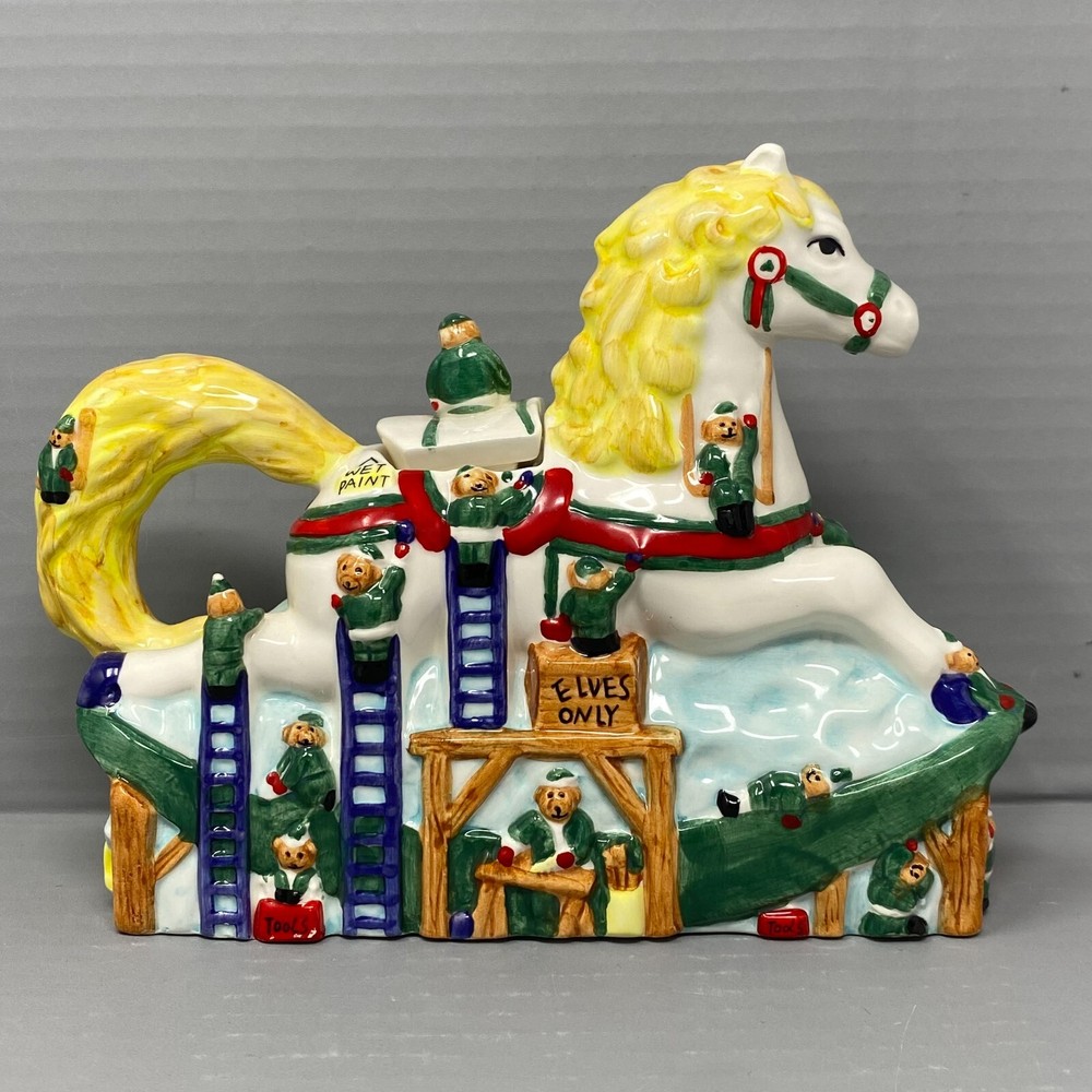 Christmas Tea Pot Rocking Horse Bear Elves Holiday Ceramic 1996 Cardinal Inc 6