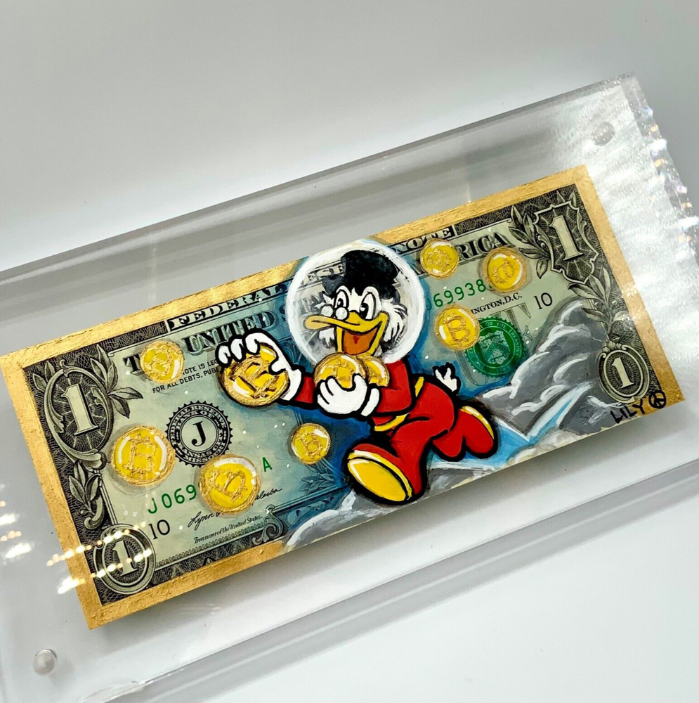 BTC to the Moon Cryptocurrency Scrooge Dollar Bill Money Art Hand-painted Art-image