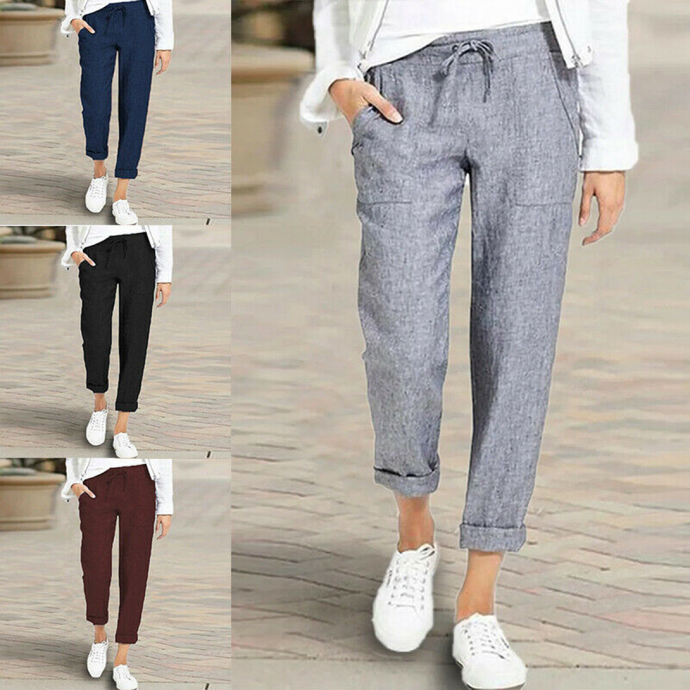 Women Cotton Linen Summer Harem Pants Cropped Loose Comfy Loose Long Trousers