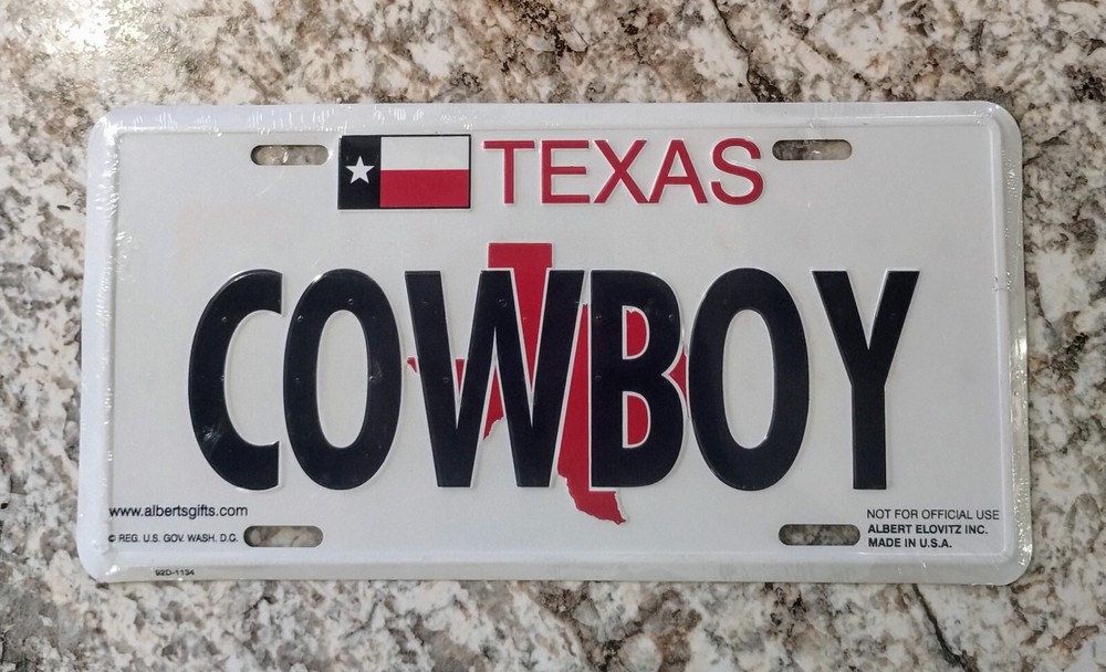 TEXAS COWBOY LICENSE PLATE CAR TAG Aluminum (New) Sealed In Plastic.