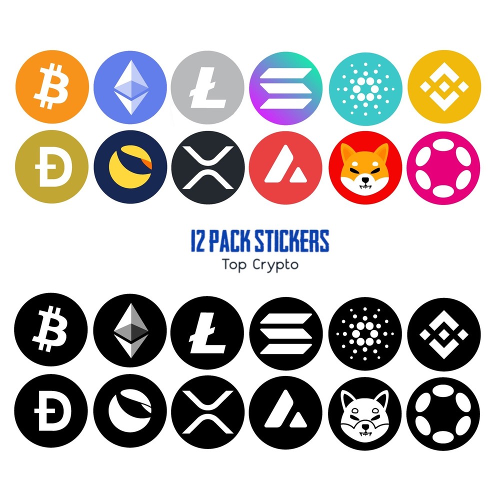 12 PACK LOT Top Crypto Sticker Bitcoin XRP Cardano Doge ETH Decal Cryptocurrency-image