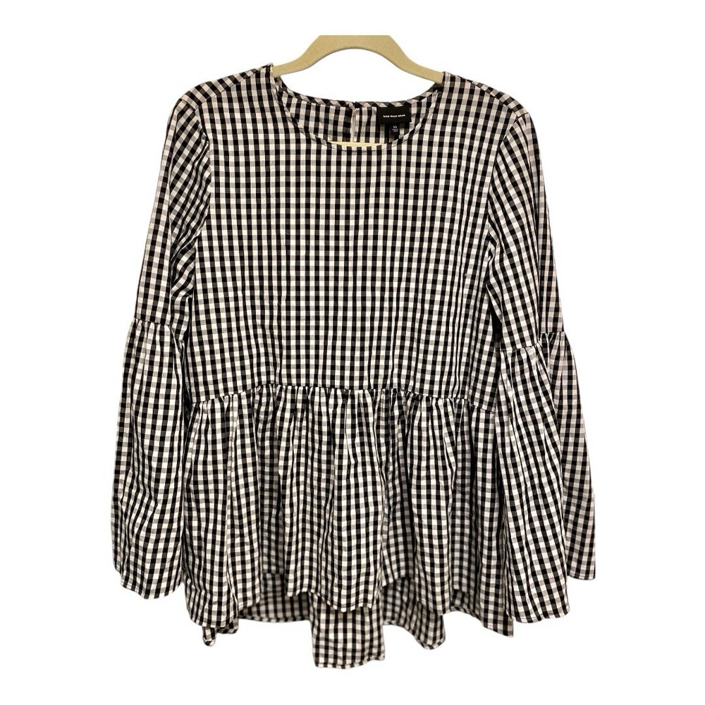 Who What Wear Blouse Women's Size Medium Black White Gingham Plaid Peplum Waist