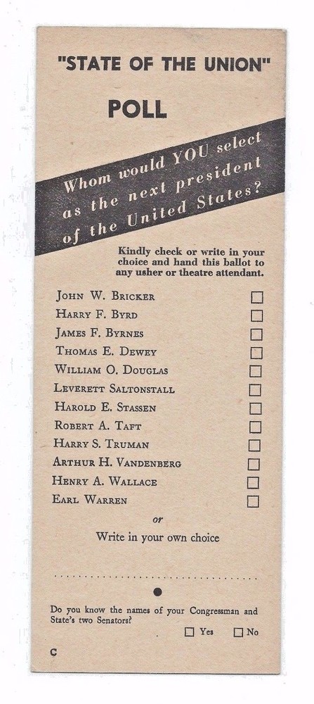 VTG UNITED STATES US PRESIDENT POLL State Union BALLOT Dewey Taft Truman Warren