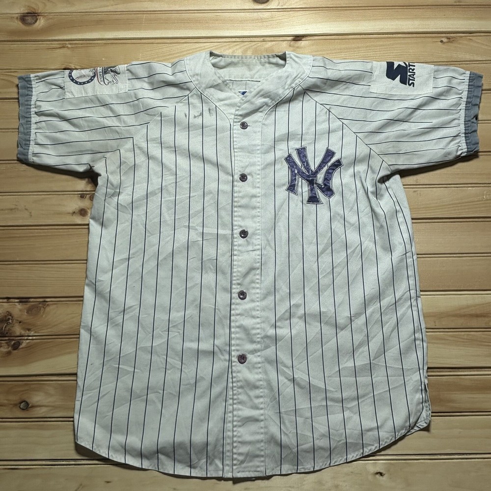 Vintage New York Yankees Starter Pin Stripe White Baseball Jersey Size Large