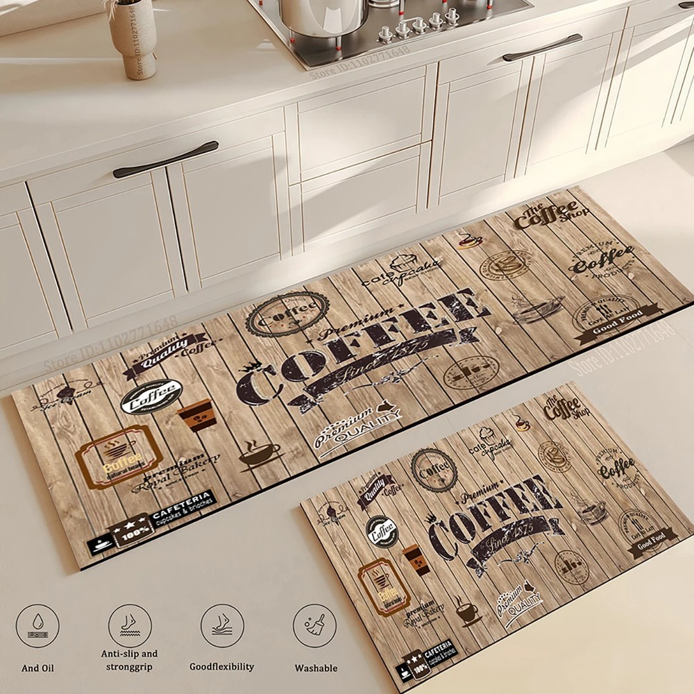 Non-Slip Coffee-Themed Kitchen Floor Mat for Home Hallway Living Room Balcony Decor