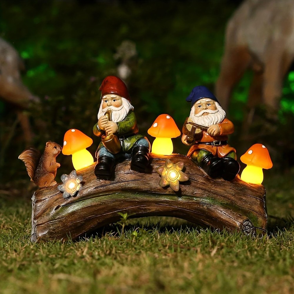 Funny Garden Gnome Statue Solar Powered Mushroom Figurine with Squirrel Gnome...