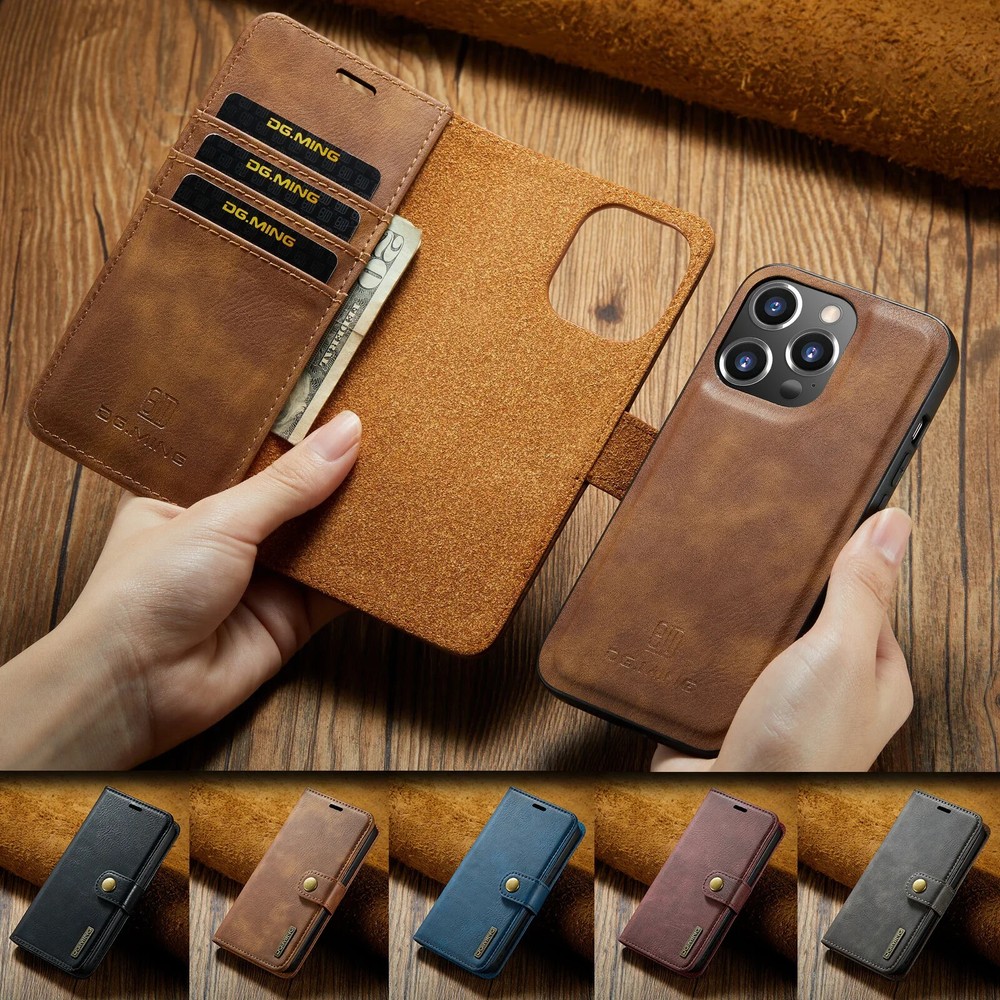 For iPhone 16 Pro Max 15 12 13 11 14 Detachable Wallet Holder Leather Phone Case