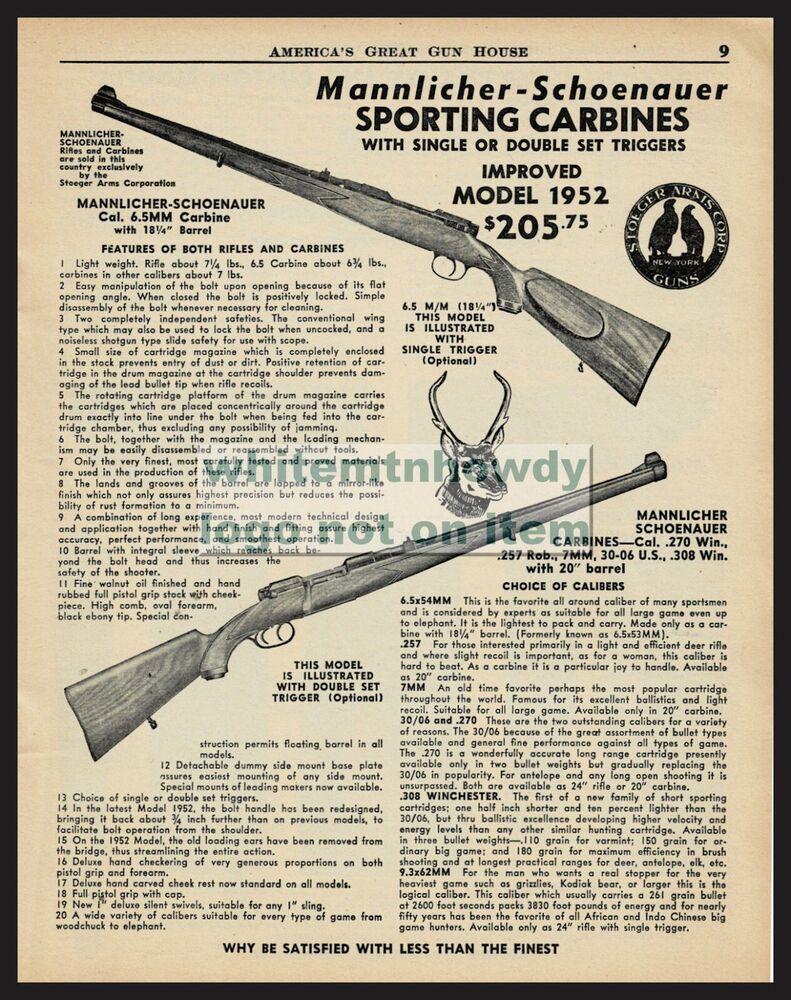 1955 MANNLICHER-SCHOENAUER 1952 Single or Double Trigger Carbine PRINT AD