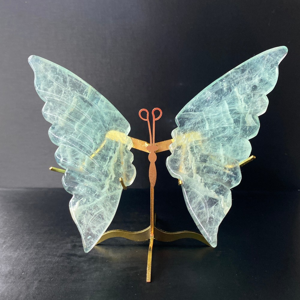 195G Natural Crystal Fluorite Butterfly Wings Healing Statue Decor + Stand