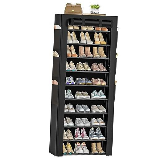 Black Large Shoe Rack with 6 Side Pockets 23.6W x 11.4D x 68.9H
