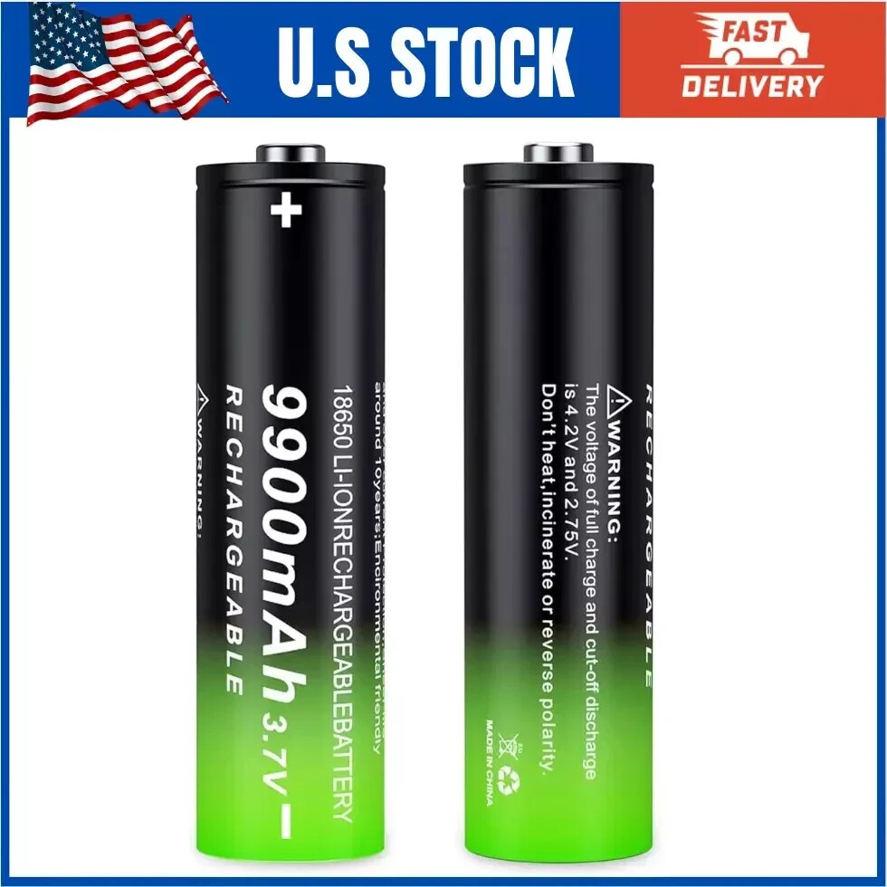 2 Pack 3.7 Volt 18650 Rechargeable Battery 9900mAh Battery Button Top Li-ion