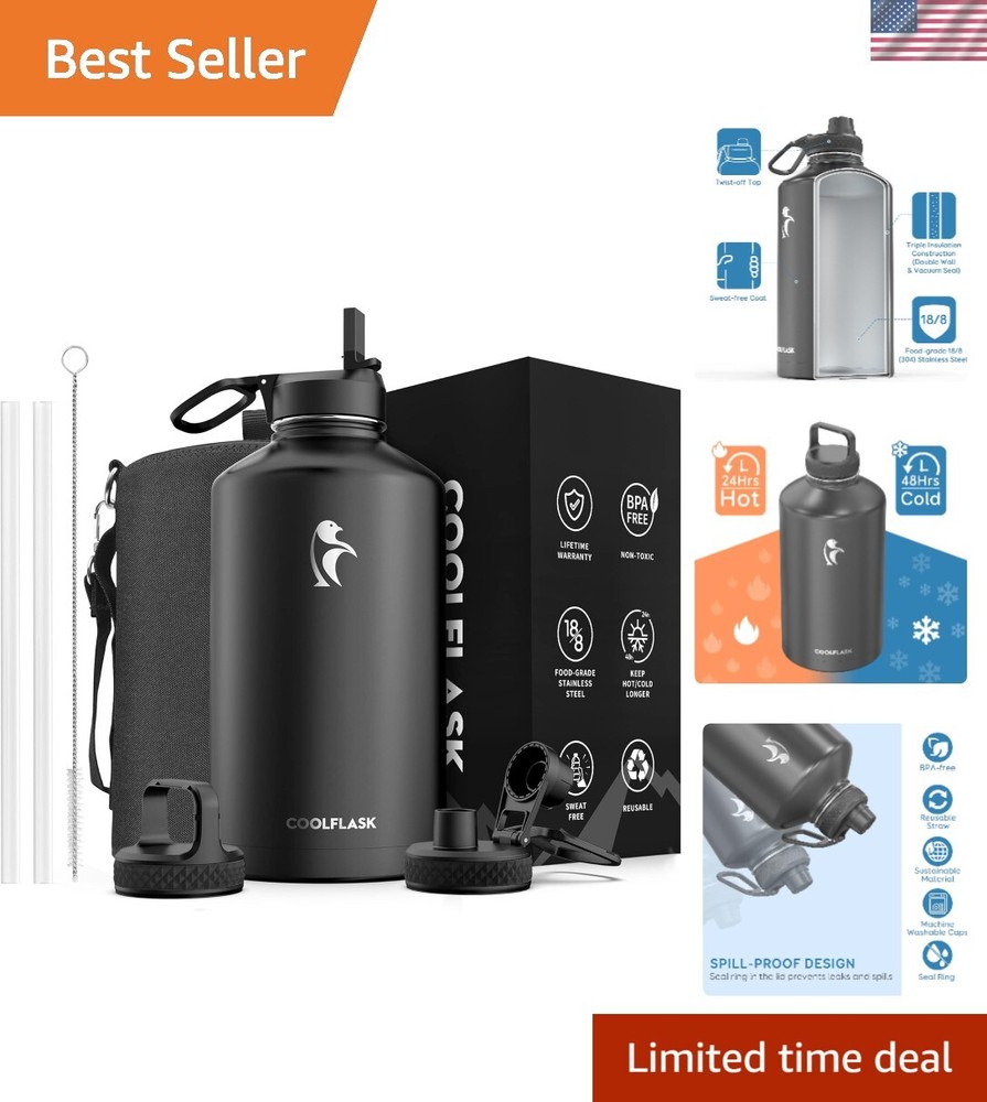 128oz Insulated Gallon Water Bottle with Straw & 3 Lids – Large Leakproof Jug for Sports & Outdoors