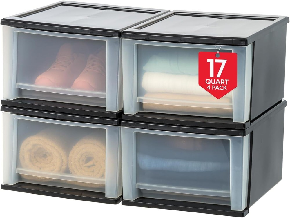 17 Qt. Plastic Drawer Storage Organizer Stacking Drawers, 4-Pack,Black