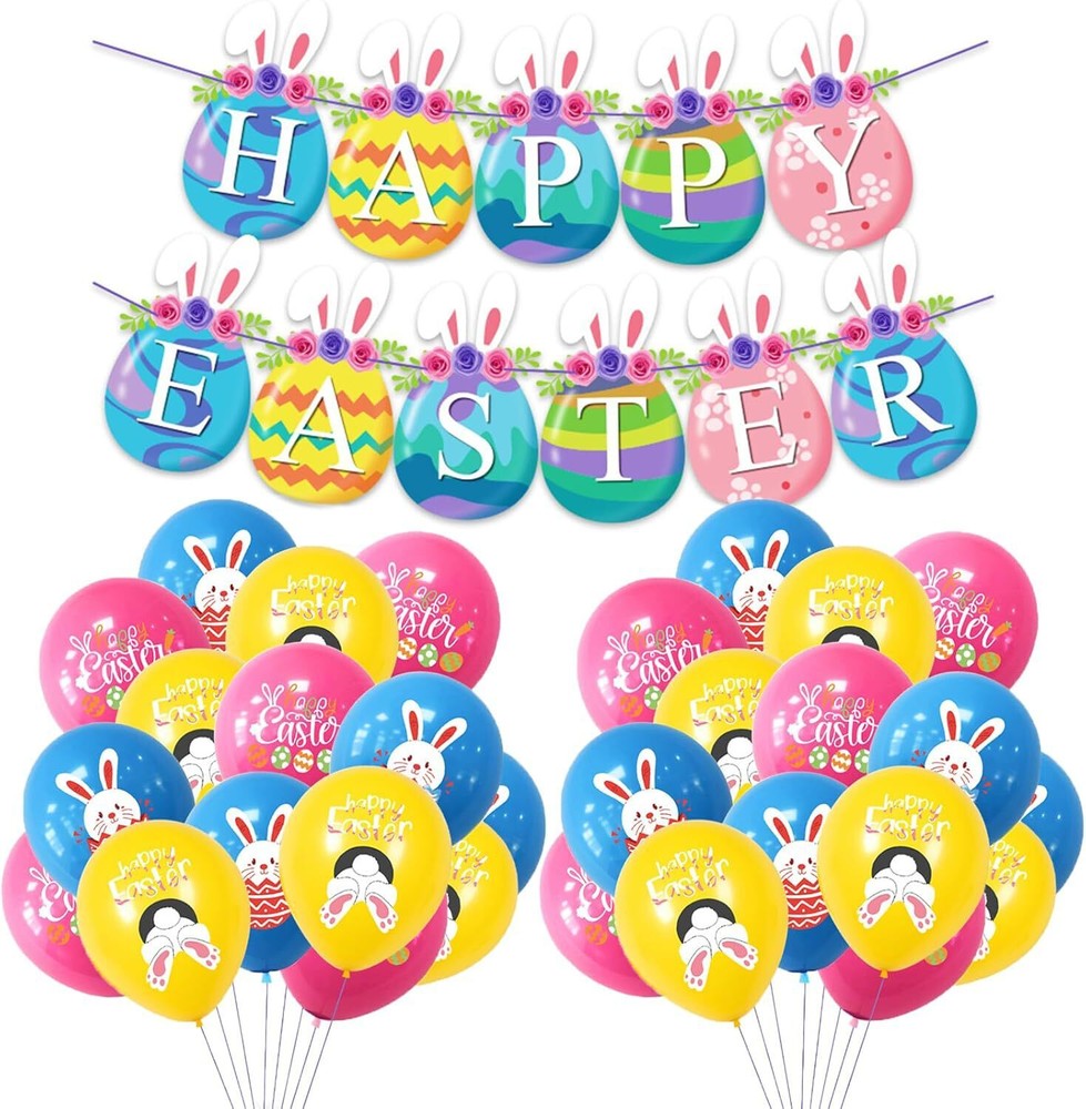 Easter Balloons Happy Easter Bunny Banner, Rabbit and Easter Eggs Bunting Banner