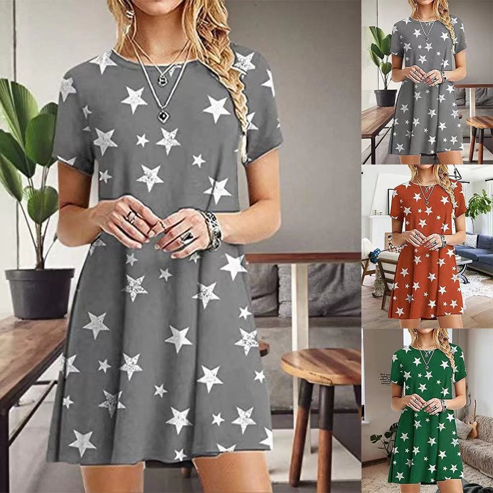 Short Sleeve Star Print Slimming Round Neck Cross-Border Fashion Skirt-image