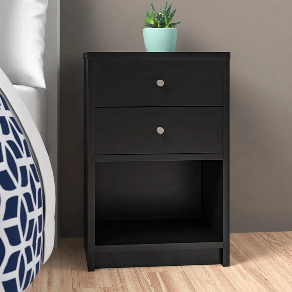 Bedroom Bedside Furniture Nightstand End Table Shelf 2 Drawer Black