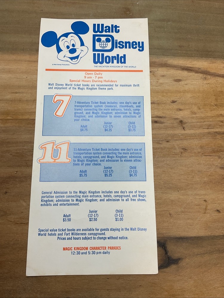 1970s Disney World Ticket Book Price Brochure Mickey Mouse Flyer Rare B37 Vintage Collectible