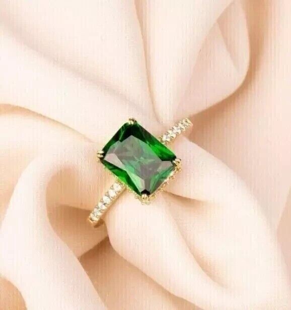 3CT Cushion Cut Lab Created Emerald Halo Engagement Ring 14K Yellow Gold Plated