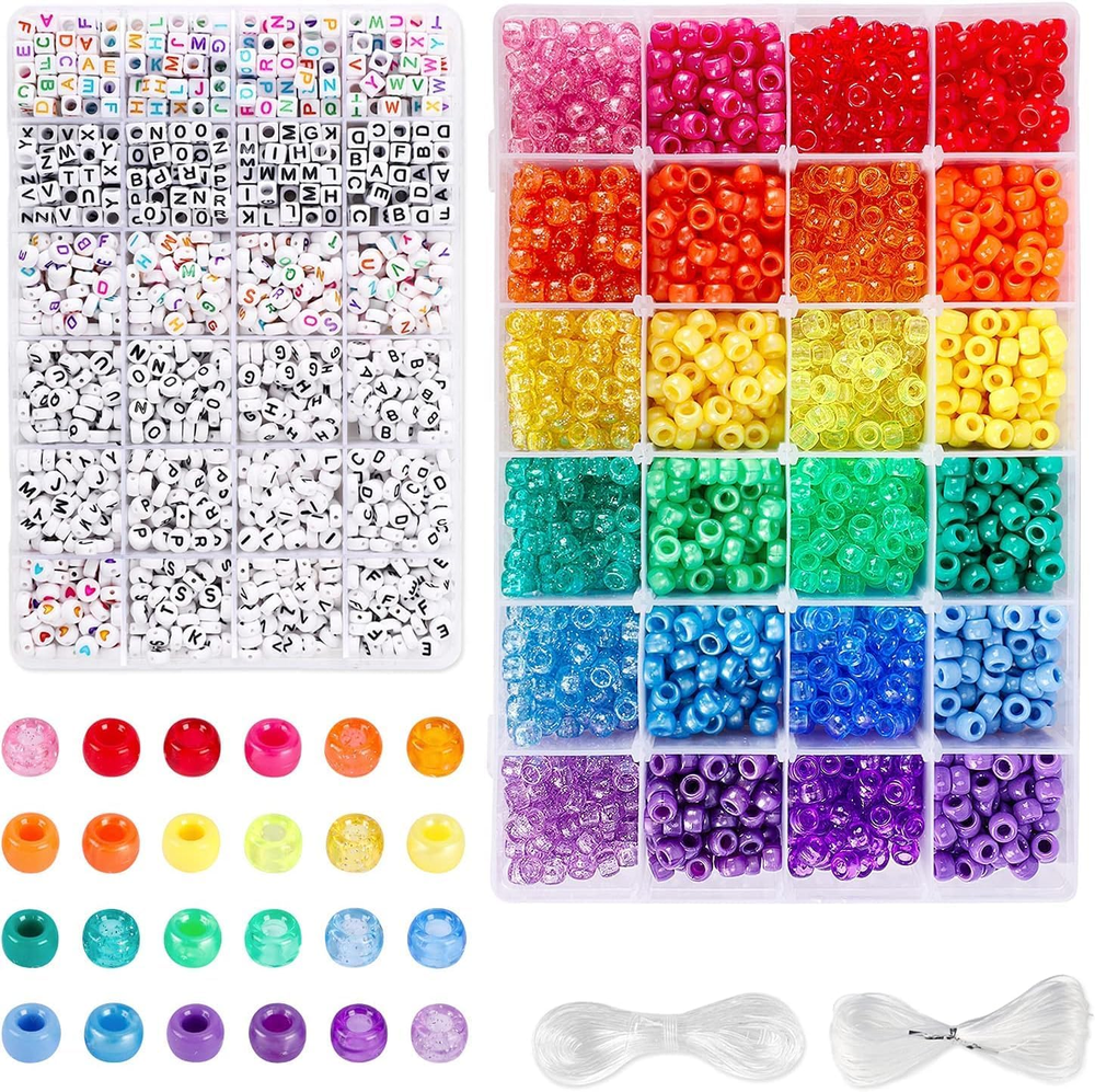 4000Pcs Kandi Pony Beads Kit with 2400 Rainbow & 1600 Letter Beads in 24 Colors for DIY Jewelry and Crafts