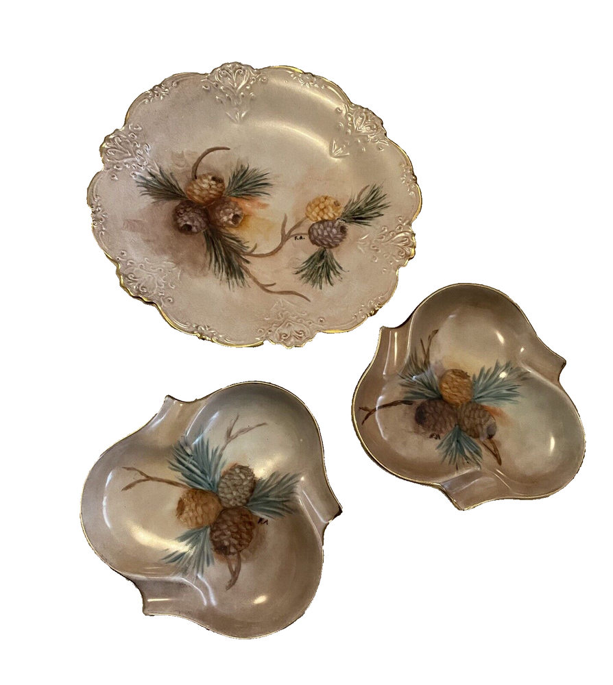 Antique Hand-Painted Pinecone Candy Serving Set with Gold Rim - 3 Pieces