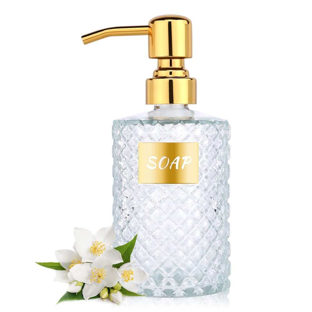 12oz Diamond Glass Dispenser With Gold 304 Stainless Steel Bathroom Dispenser Fo