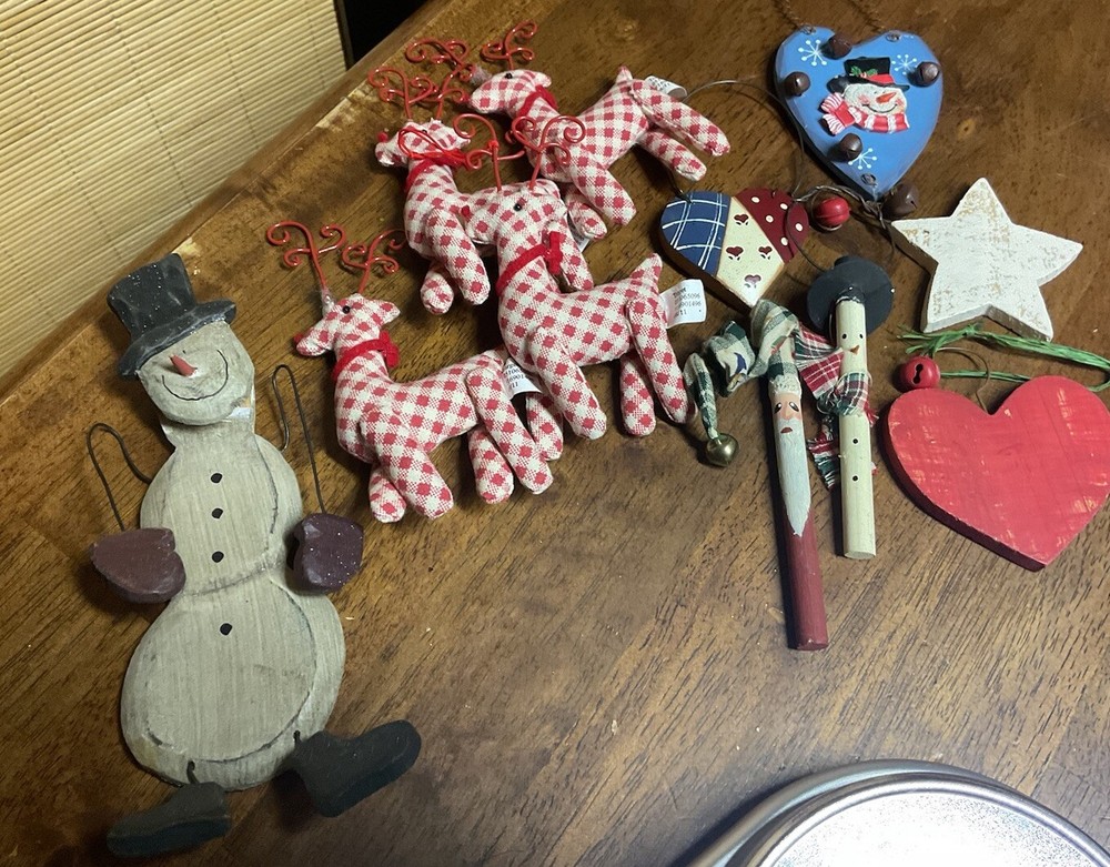 Lot of 12 Vintage Christmas Ornaments Fabric - Wood. Some Handmade