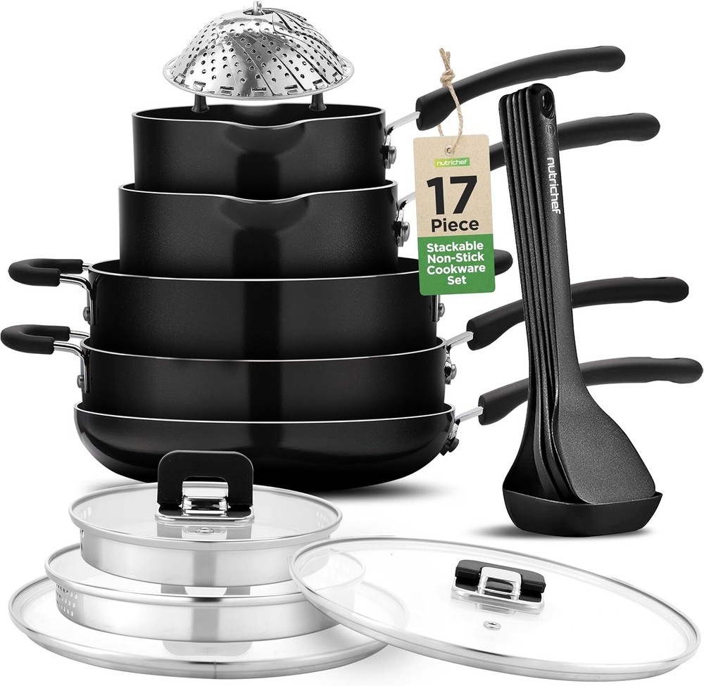 NutriChef 17pcs Stackable Pots and Pan, Stainless Steel Set Nonstick, Induction