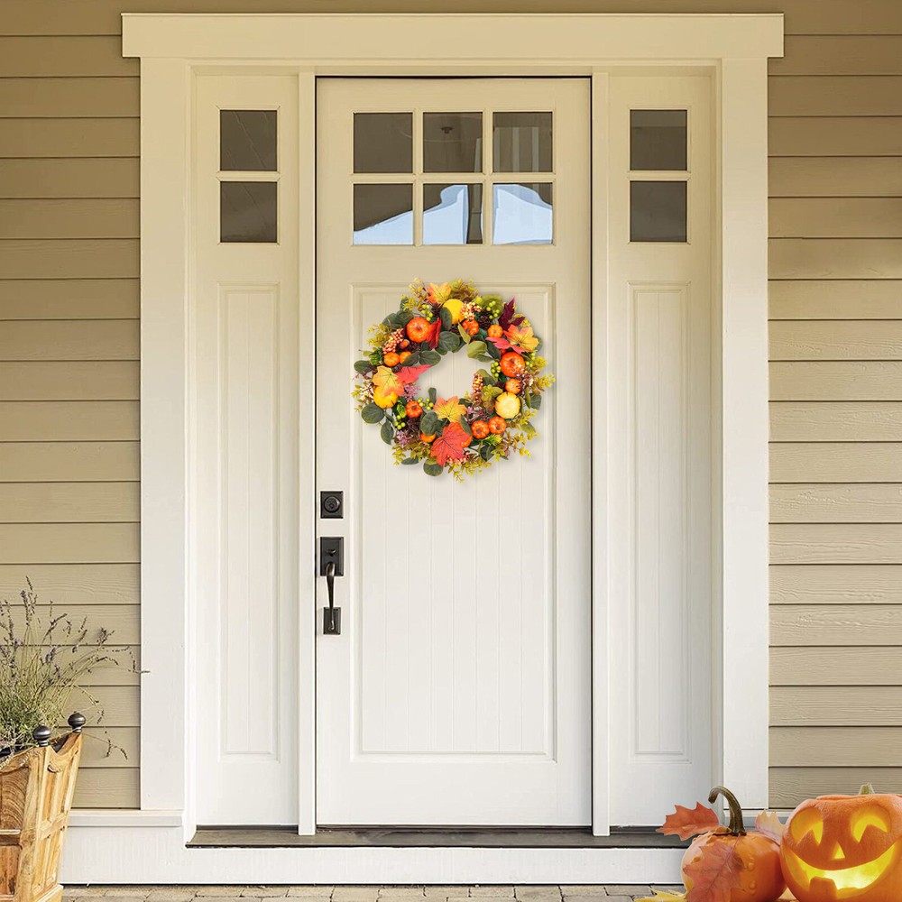 Autumn Pumpkin Wreath Handmade Fall Decor with Realistic Fruits and Vines  