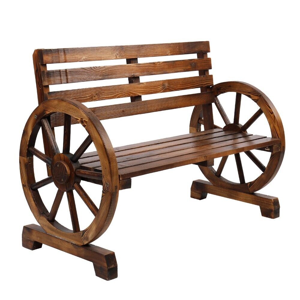 2 Person Rustic Wooden Wagon Wheel Bench with Slatted Seat and Backrest, Brown