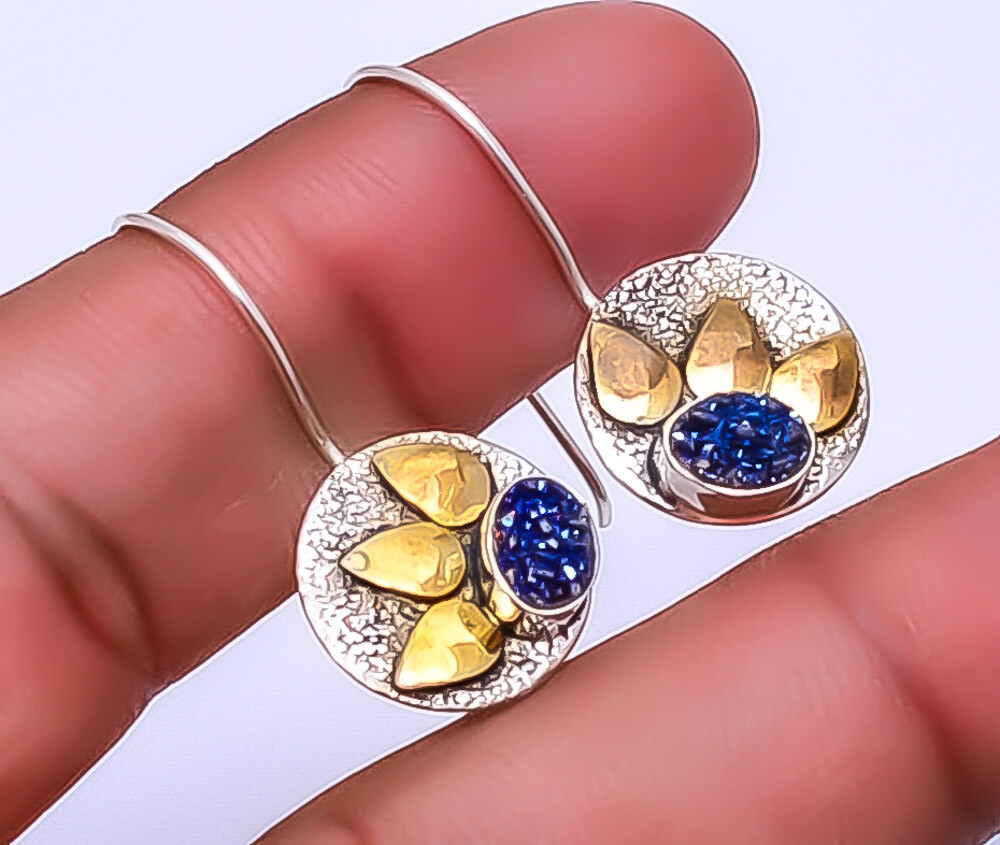 Electric Blue Titanium Agate Drusy 925 Sterling Silver Two Tone Earring 1.25